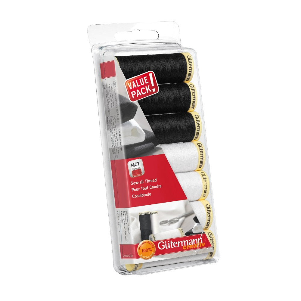 Set de Hilos Gütermann Blanco y Negro para Bordar de 100m caja con 7 carretes