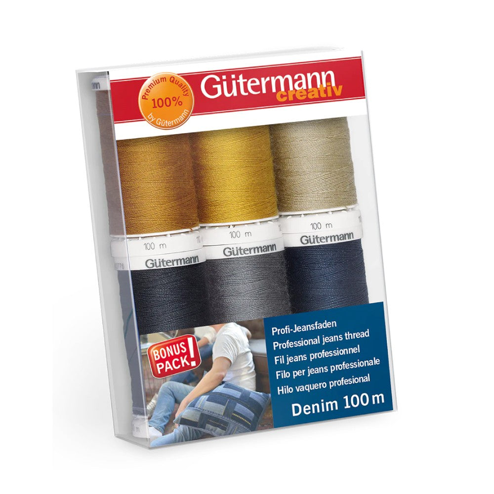 Set de Hilos Gütermann Mezclilla para costura de 100m caja con 6 carretes
