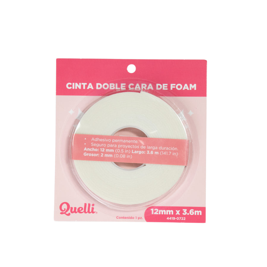 CINTA DOBLE CARA DE FOAM 12MM X 3.6MTS QUELLI 1 PIEZA