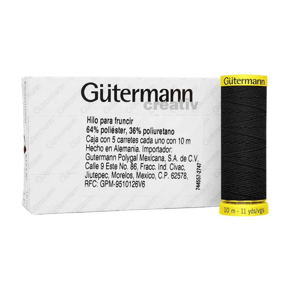 Hilo Gütermann Negro elásticos para fruncidos y costuras elásticas de 10m caja con 5 carretes