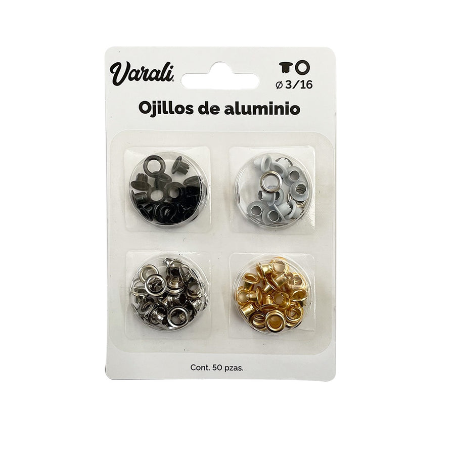 Ojillos 3/16" 50 Pza Mix Blanco, Negro, Dorado, Plata Varali